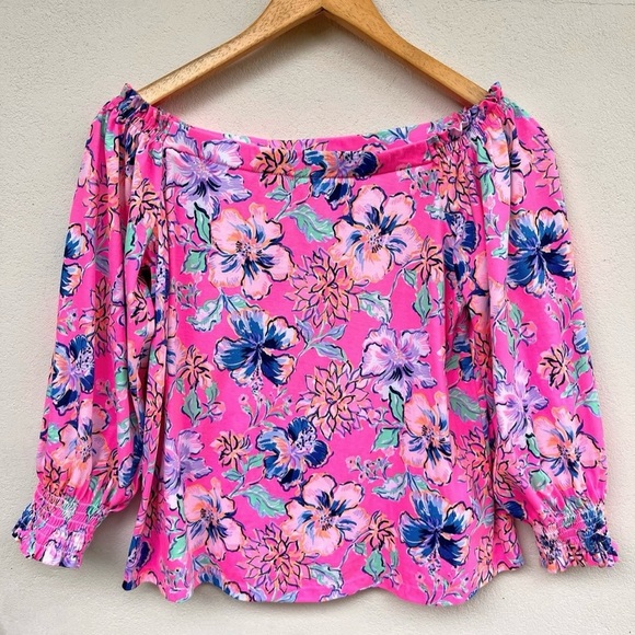 Lilly Pulitzer Pink Floral Off-Shoulder Blouse - Picture 2 of 4